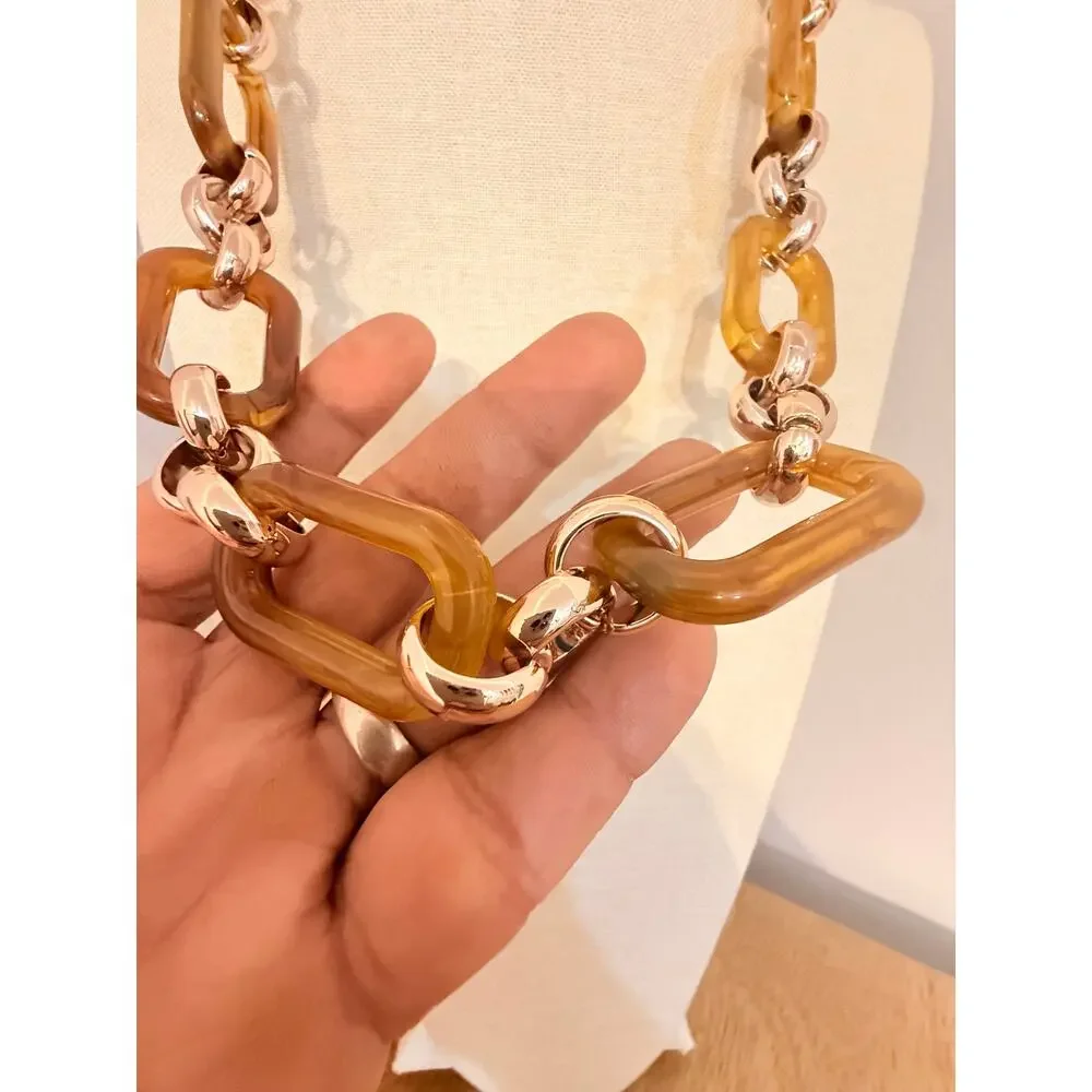 Spring Street Chunky Resin Link Necklace 26” Amber Gold Tone Chain